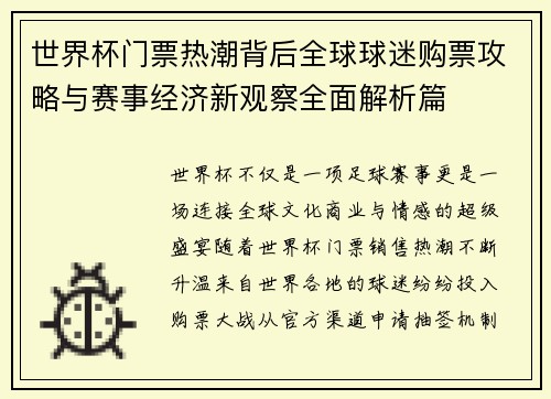 世界杯门票热潮背后全球球迷购票攻略与赛事经济新观察全面解析篇
